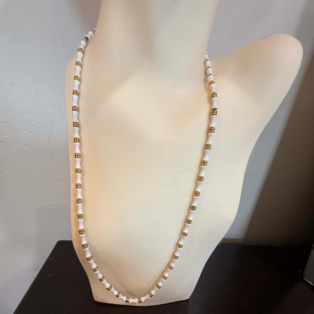 Vintage Monet White Beaded‎ Necklace  Width Gold Accent Signed~30" Long